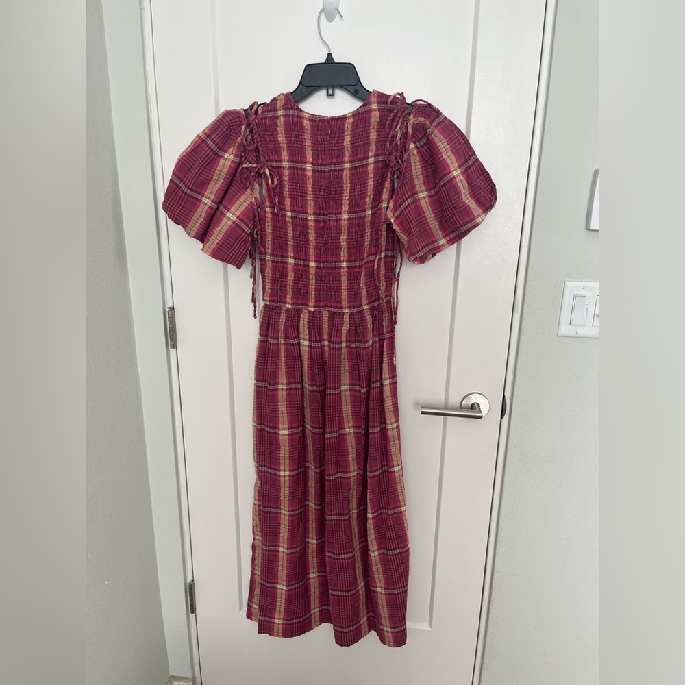 NWT Damson Madder Becca Plaid Puff-Sleeve Midi Dress - Picture 2 of 4